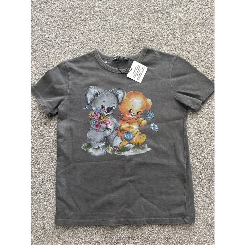 ZARA Cute Koala & Bear Graphic Tee - Charcoal Gray WASHED S